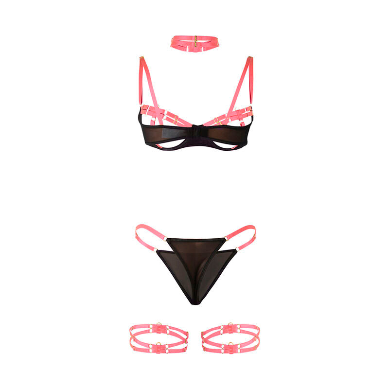 SUBBLIME - 955298 SET SUJETADOR CON COLLAR Y DETALLES PARA PIERNAS ROSA FLUORESCENTE S/M SUBBLIME SETS