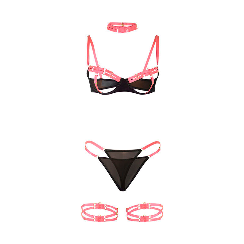 SUBBLIME - 955298 SET SUJETADOR CON COLLAR Y DETALLES PARA PIERNAS ROSA FLUORESCENTE S/M SUBBLIME SETS