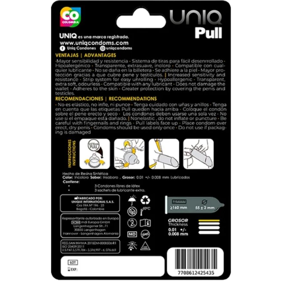 UNIQ - PULL PRESERVATIVOS CON TIRAS SIN LÁTEX 3 UNIDADES UNIQ