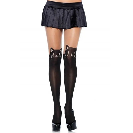 LEG AVENUE - PANTYS OPACOS CON DIBUJO DE GATO LEG AVENUE HOSIERY