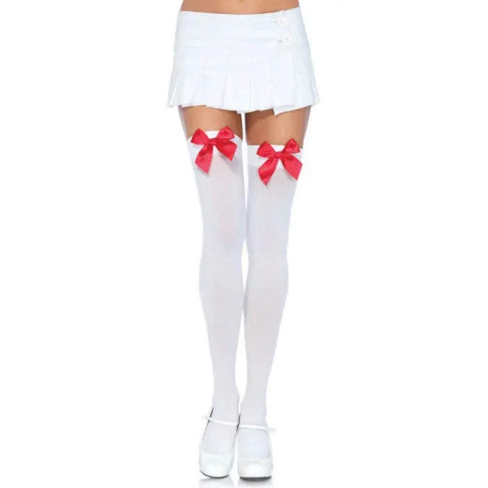 LEG AVENUE - MEDIAS NYLON BLANCO Y LAZO ROJO LEG AVENUE HOSIERY