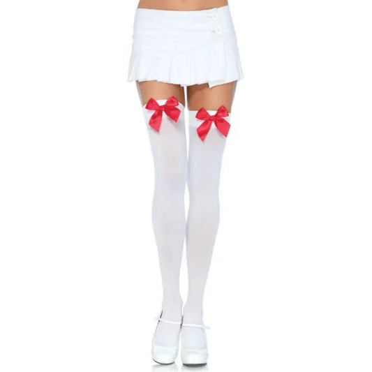 LEG AVENUE - MEDIAS NYLON BLANCO Y LAZO ROJO LEG AVENUE HOSIERY