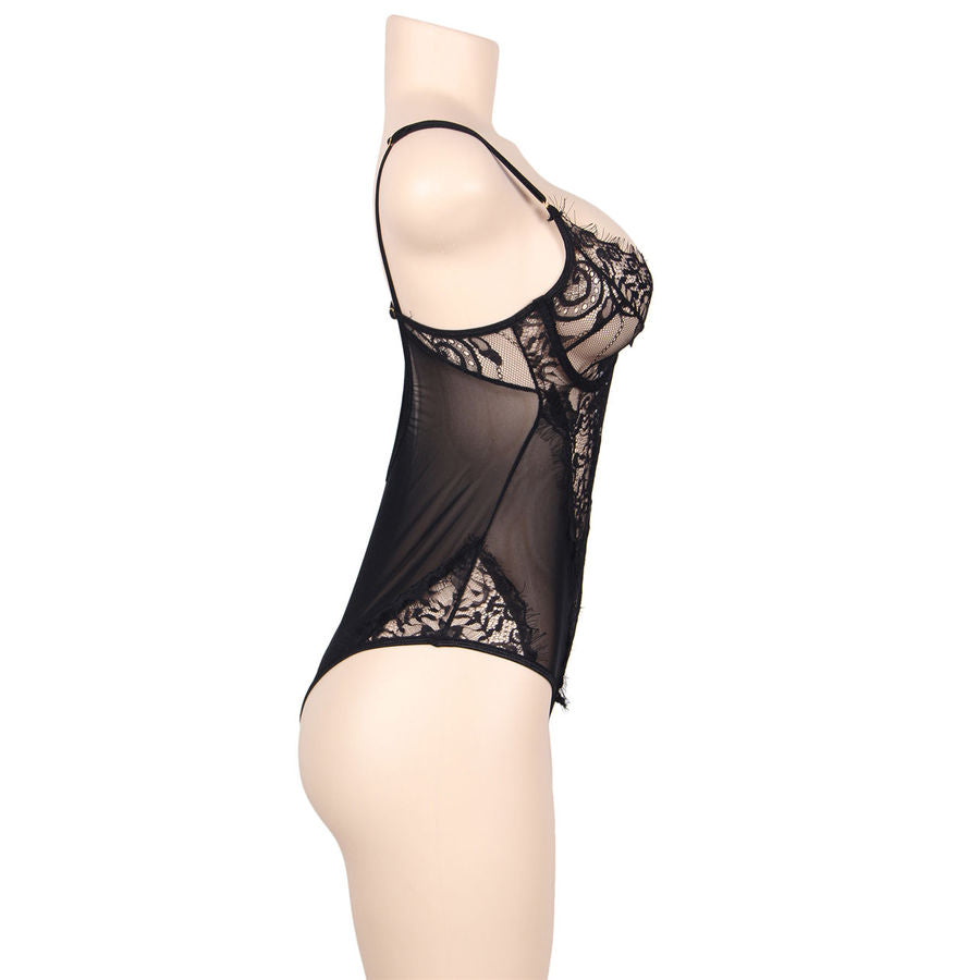 SUBBLIME - TEDDY ENCAJE FLORAL Y CON FLECOS NEGRO TALLA GRANDE SUBBLIME QUEEN PLUS SIZE