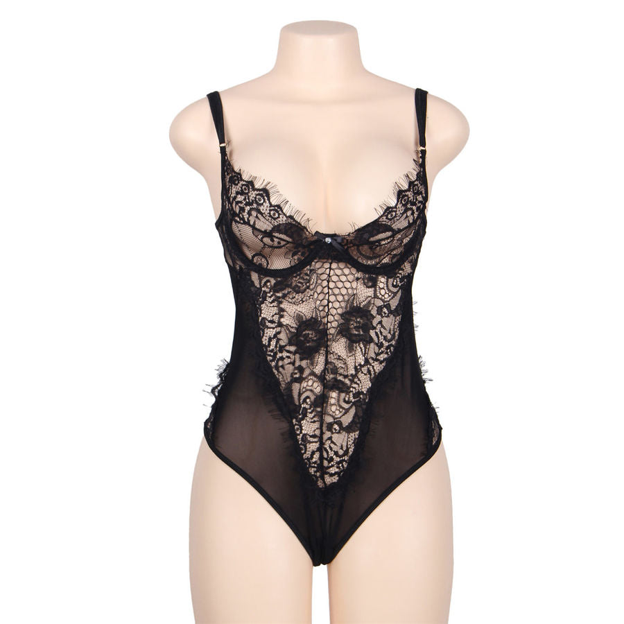 SUBBLIME - TEDDY ENCAJE FLORAL Y CON FLECOS NEGRO TALLA GRANDE SUBBLIME QUEEN PLUS SIZE
