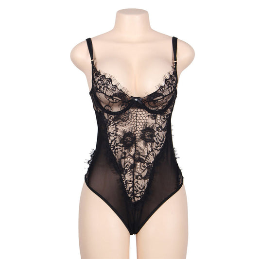 SUBBLIME - TEDDY ENCAJE FLORAL Y CON FLECOS NEGRO TALLA GRANDE SUBBLIME QUEEN PLUS SIZE
