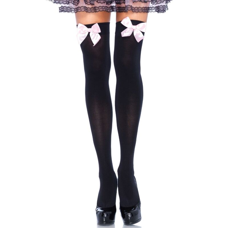 LEG AVENUE - MEDIAS ALTAS NEGRAS CON LACITO ROSA TALLA ÚNICA LEG AVENUE HOSIERY