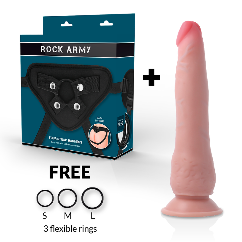 ROCKARMY - ARNÉS + DUAL DENSITY CRUSADER DILDO REALISTA 21.5 CM -O- 4.46 CM ROCK ARMY